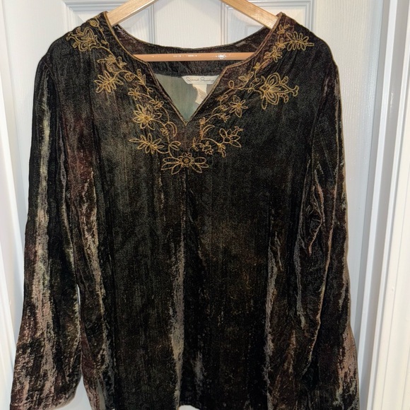 Vintage Green Black Velvet Peasant Blouse Women’s L Embroidery Earthy Grunge - Picture 3 of 8